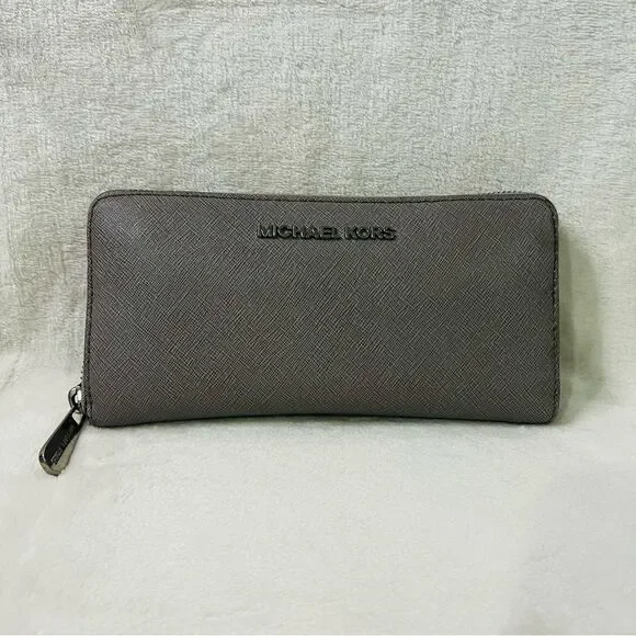 Michael Kors Large Pebbled Leather Continental Wallet Grey Zip Around